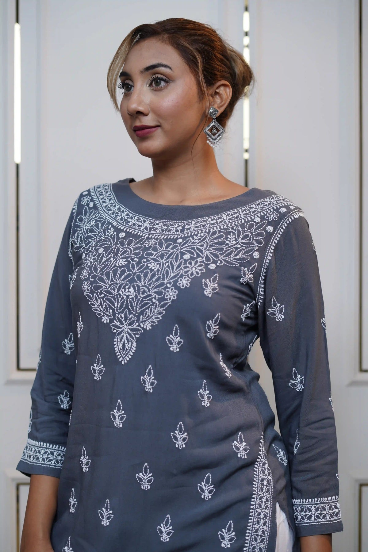 Modal Dark Grey Short Kurti with fine Chikankari