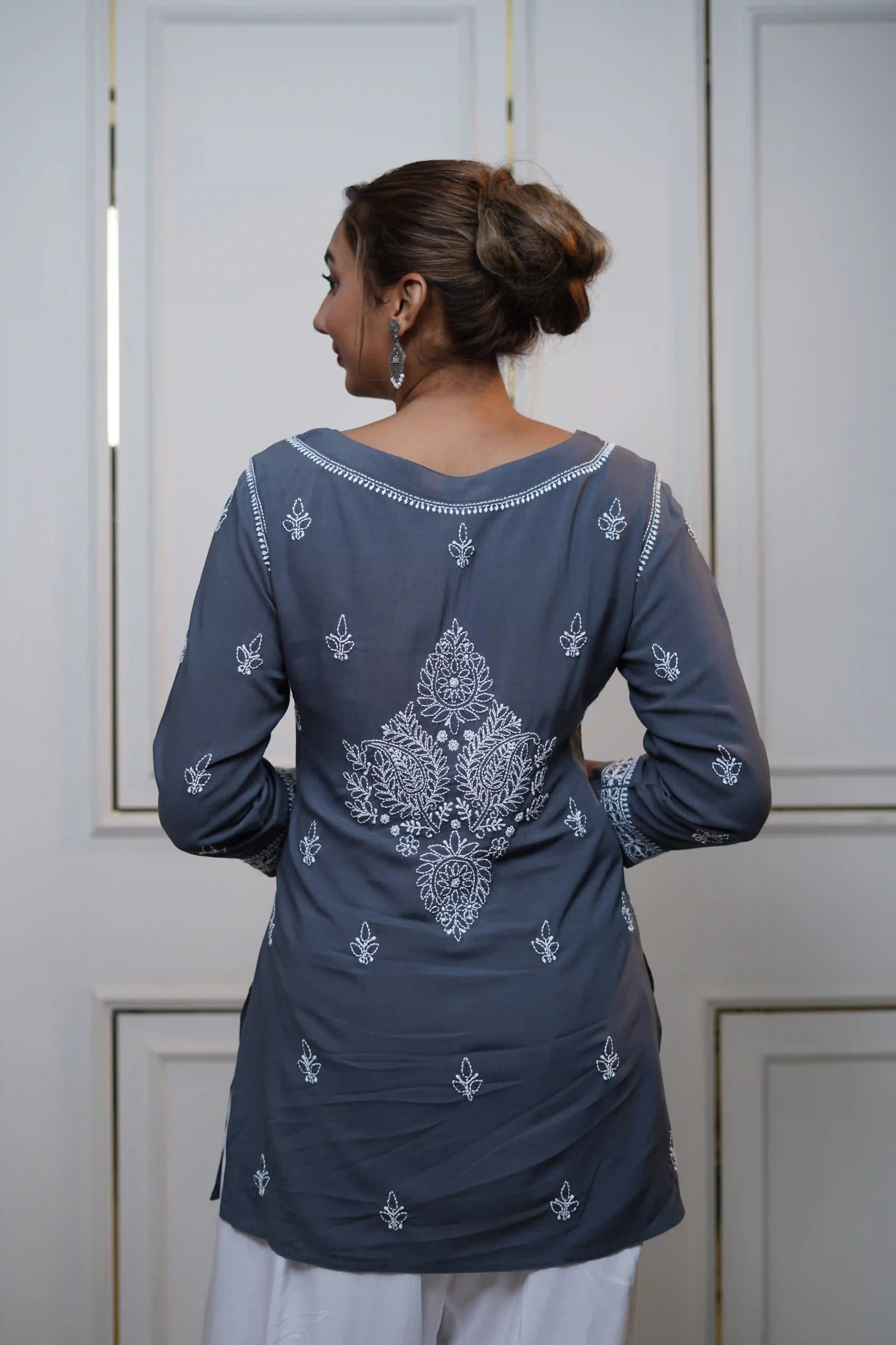 Modal Dark Grey Short Kurti with fine Chikankari