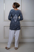 Modal Dark Grey Short Kurti with fine Chikankari