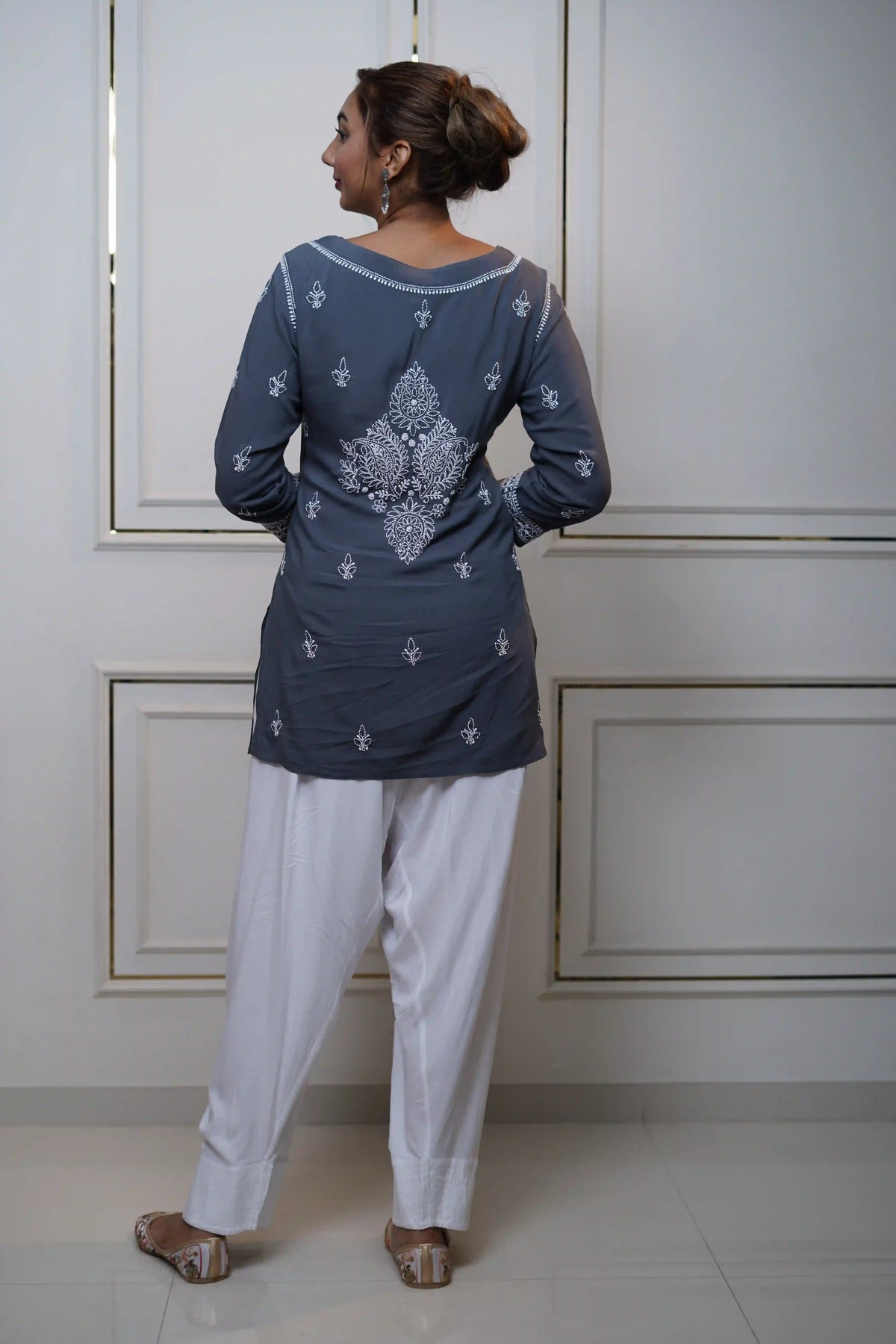 Modal Dark Grey Short Kurti with fine Chikankari