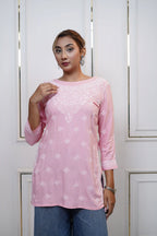 Modal Pink Short Kurti with fine Chikankari