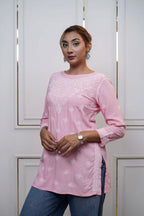 Modal Pink Short Kurti with fine Chikankari