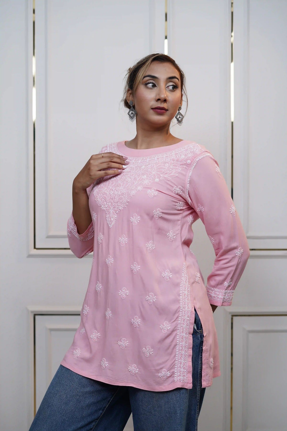 Modal Pink Short Kurti with fine Chikankari