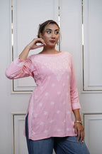 Modal Pink Short Kurti with fine Chikankari