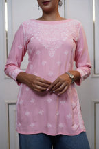 Modal Pink Short Kurti with fine Chikankari