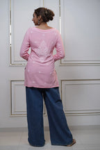Modal Pink Short Kurti with fine Chikankari