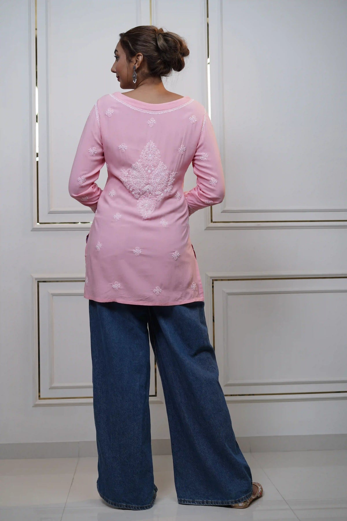 Modal Pink Short Kurti with fine Chikankari