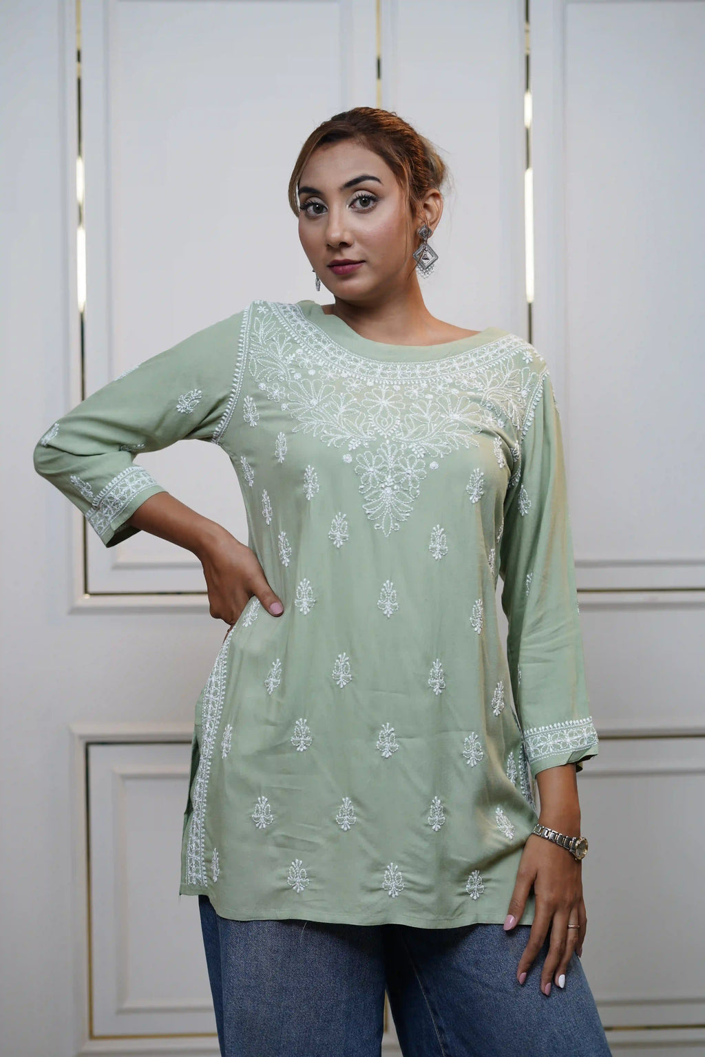 Modal Green Short Kurti with fine Chikankari