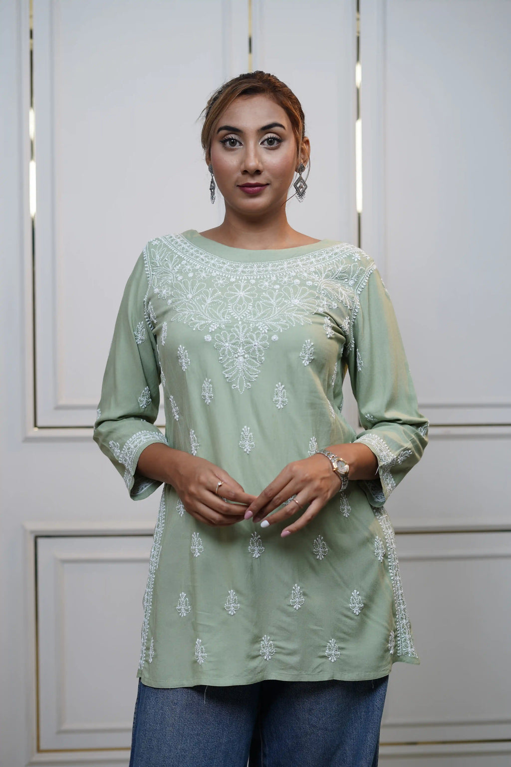 Modal Chikankari Solid Women's Short Kurta - Green