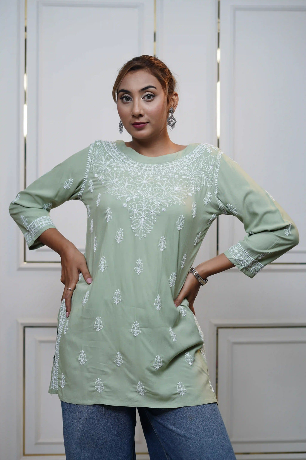 Modal Green Short Kurti with fine Chikankari