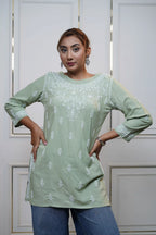 Modal Green Short Kurti with fine Chikankari