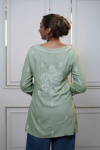 Modal Green Short Kurti with fine Chikankari