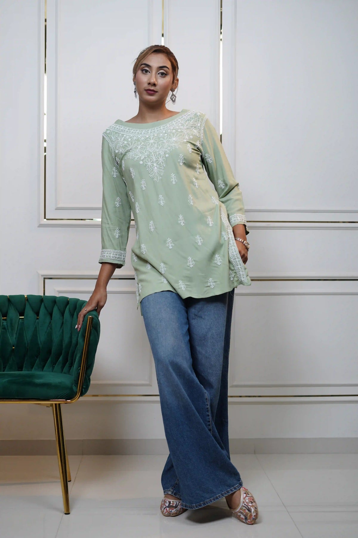 Modal Green Short Kurti with fine Chikankari