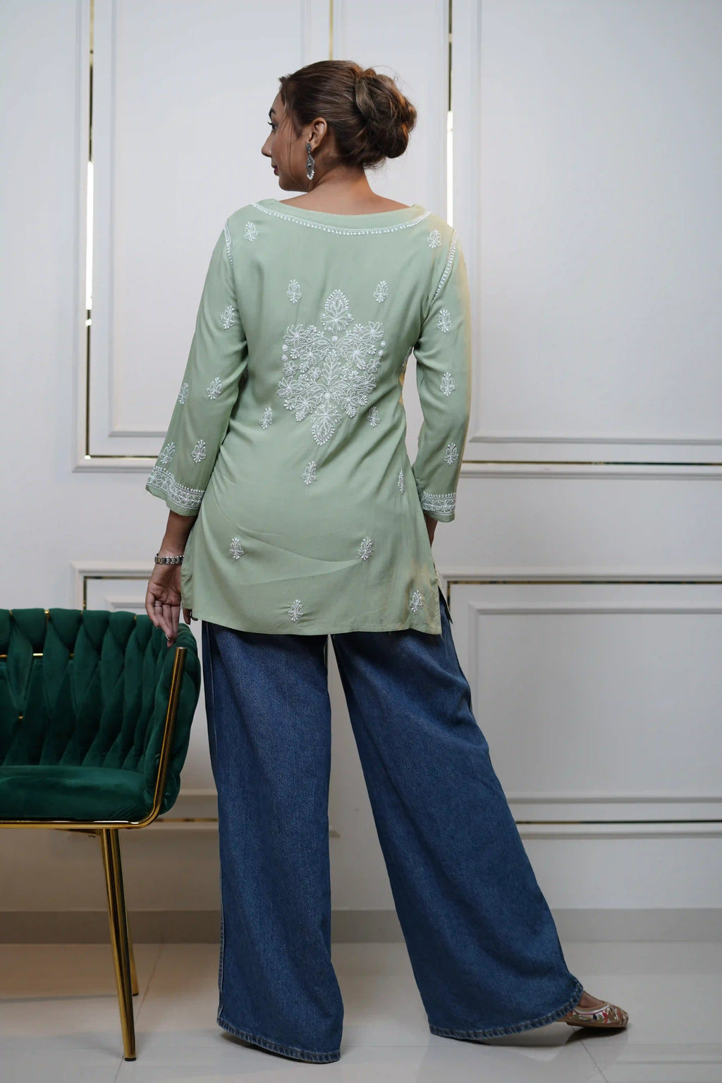 Modal Green Short Kurti with fine Chikankari