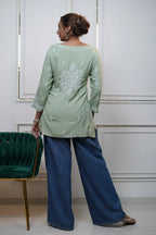 Modal Green Short Kurti with fine Chikankari