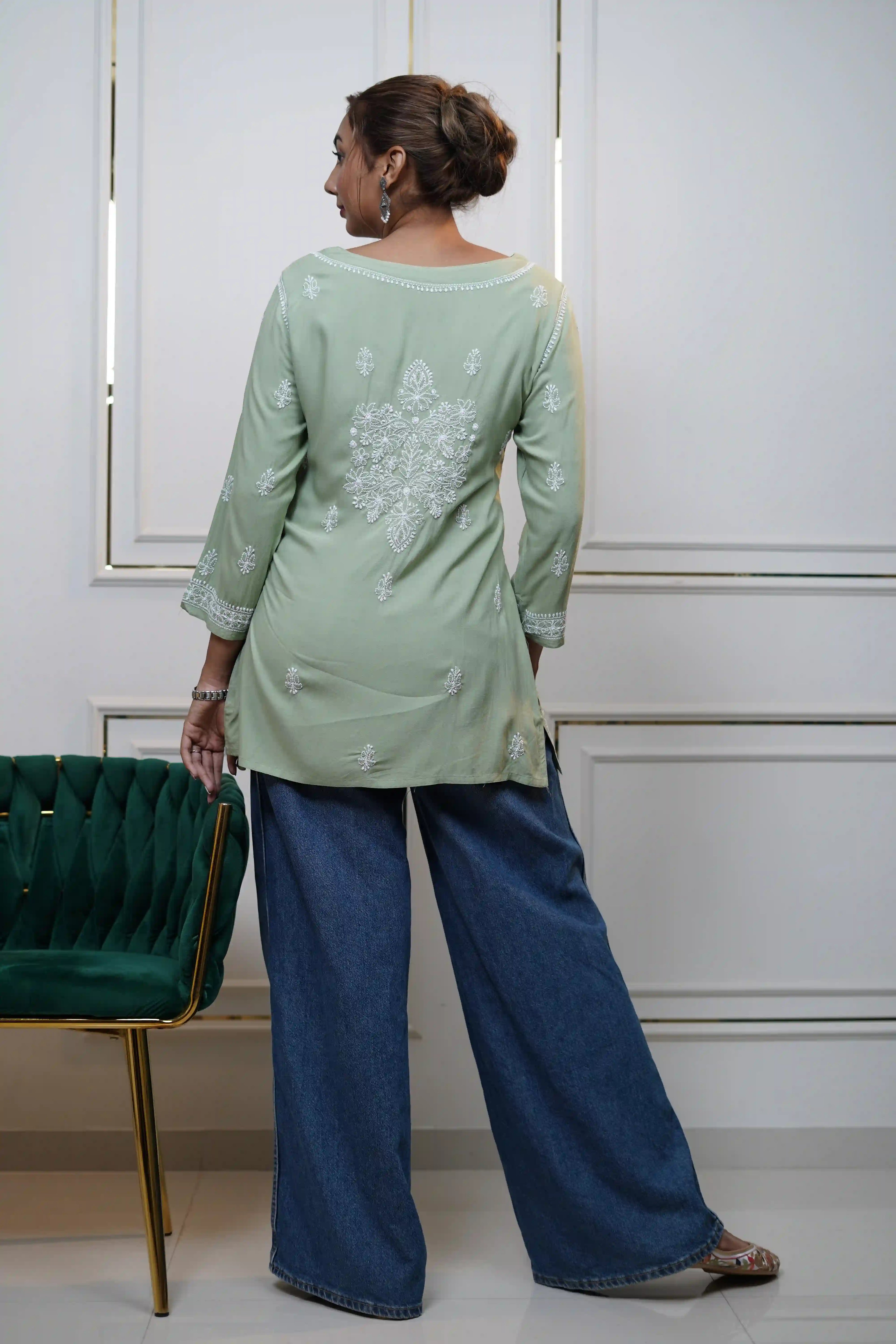 Modal Green Short Kurti with fine Chikankari