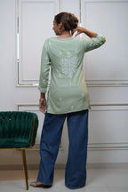 Modal Green Short Kurti with fine Chikankari