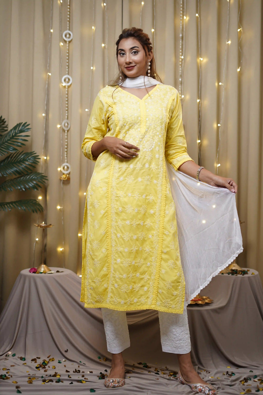Cotton Yellow Fine Chikankari Kurti