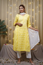 Cotton Yellow Fine Chikankari Kurti