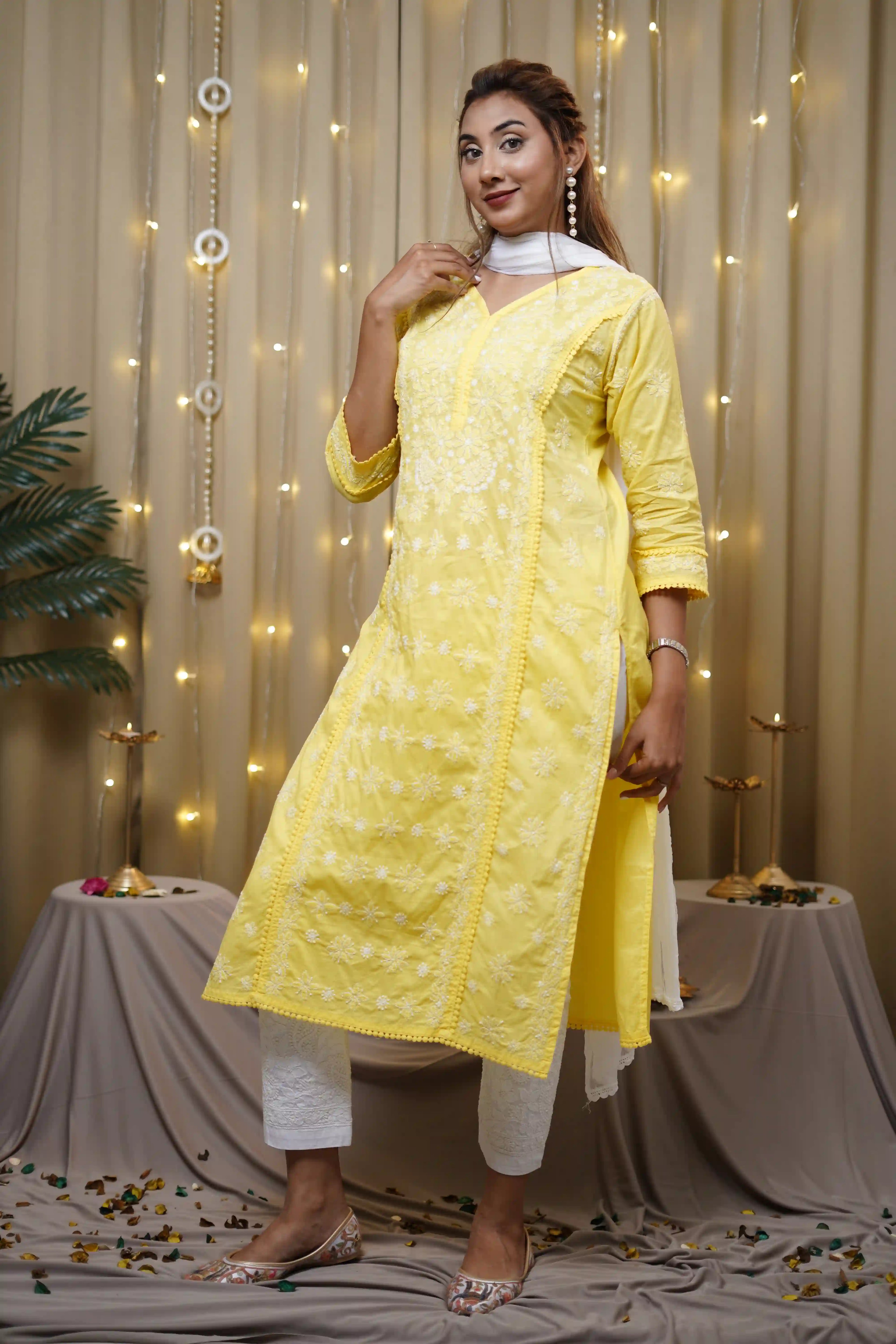 Cotton Yellow Fine Chikankari Kurti