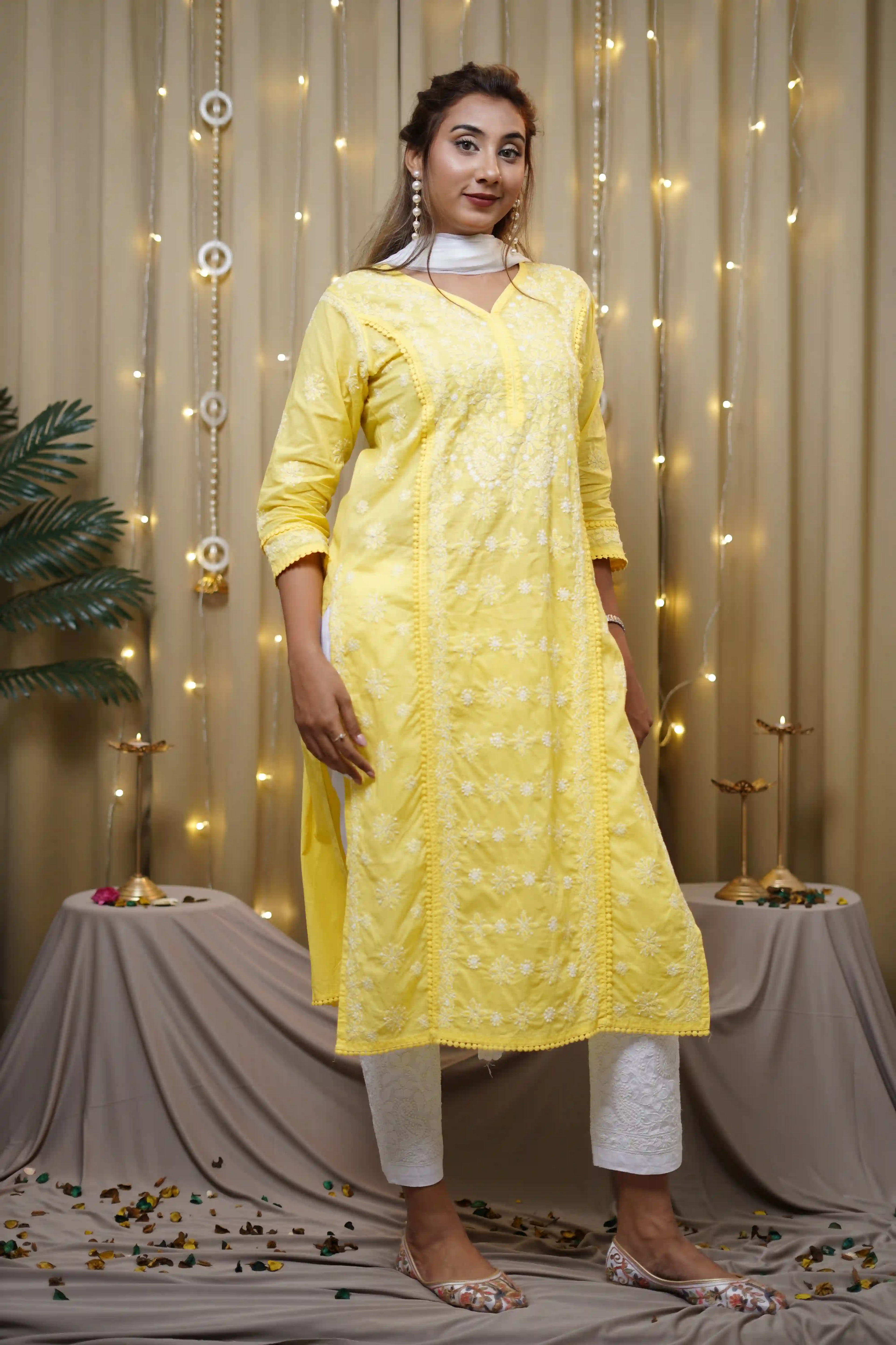 Cotton Yellow Fine Chikankari Kurti