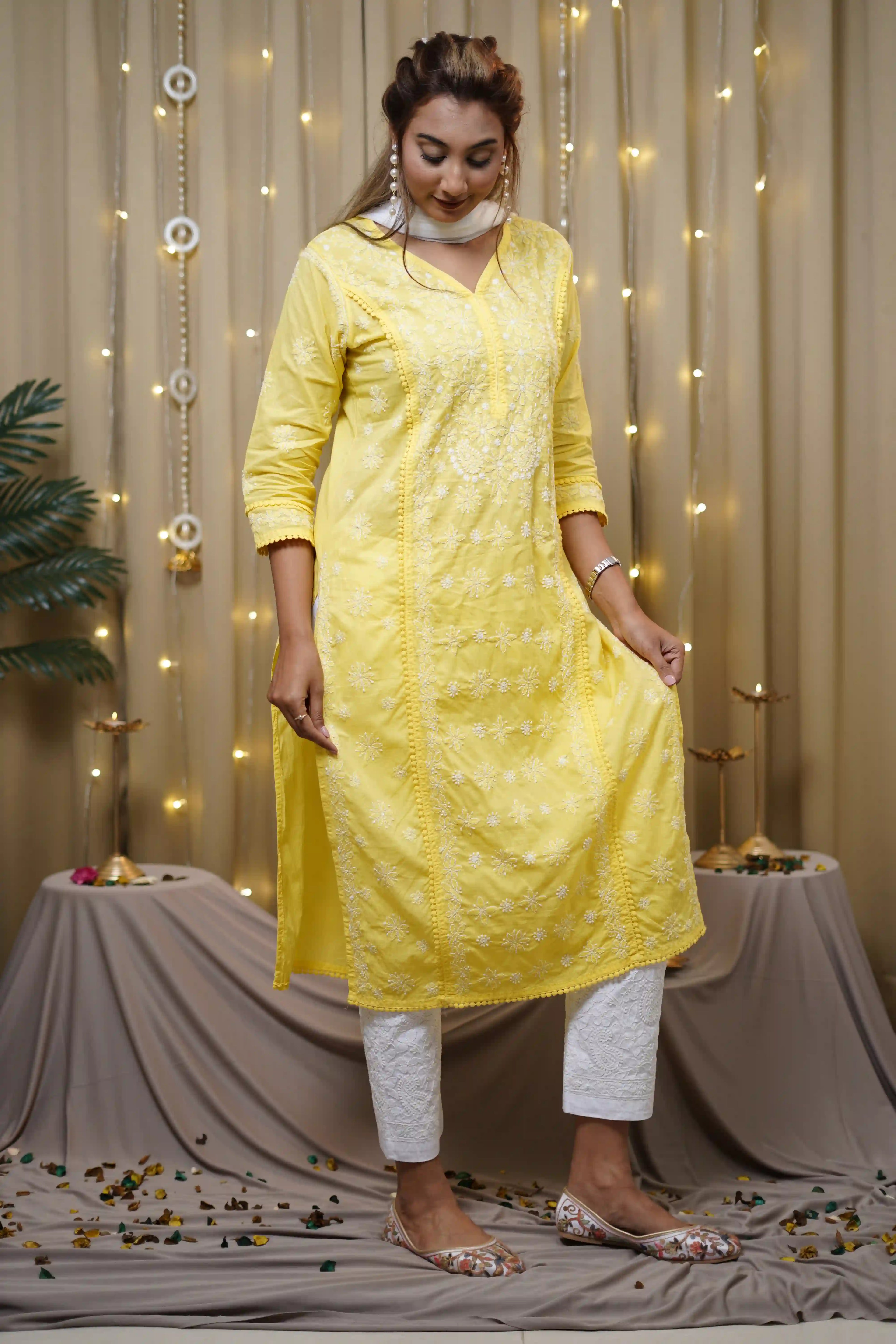 Cotton Yellow Fine Chikankari Kurti