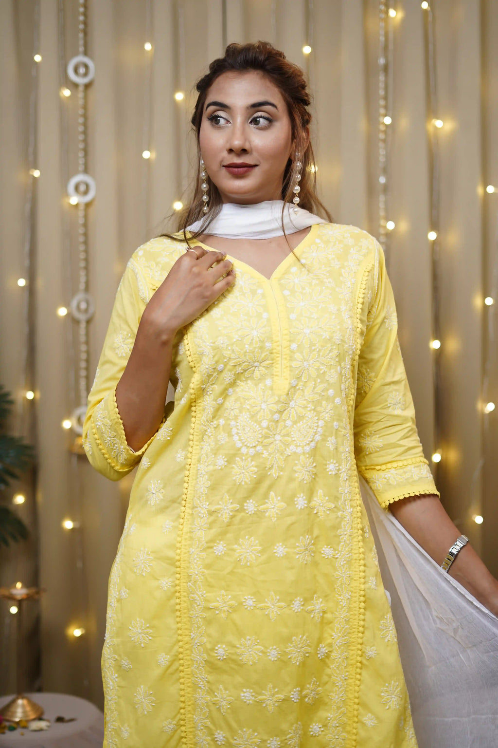 Cotton Yellow Fine Chikankari Kurti