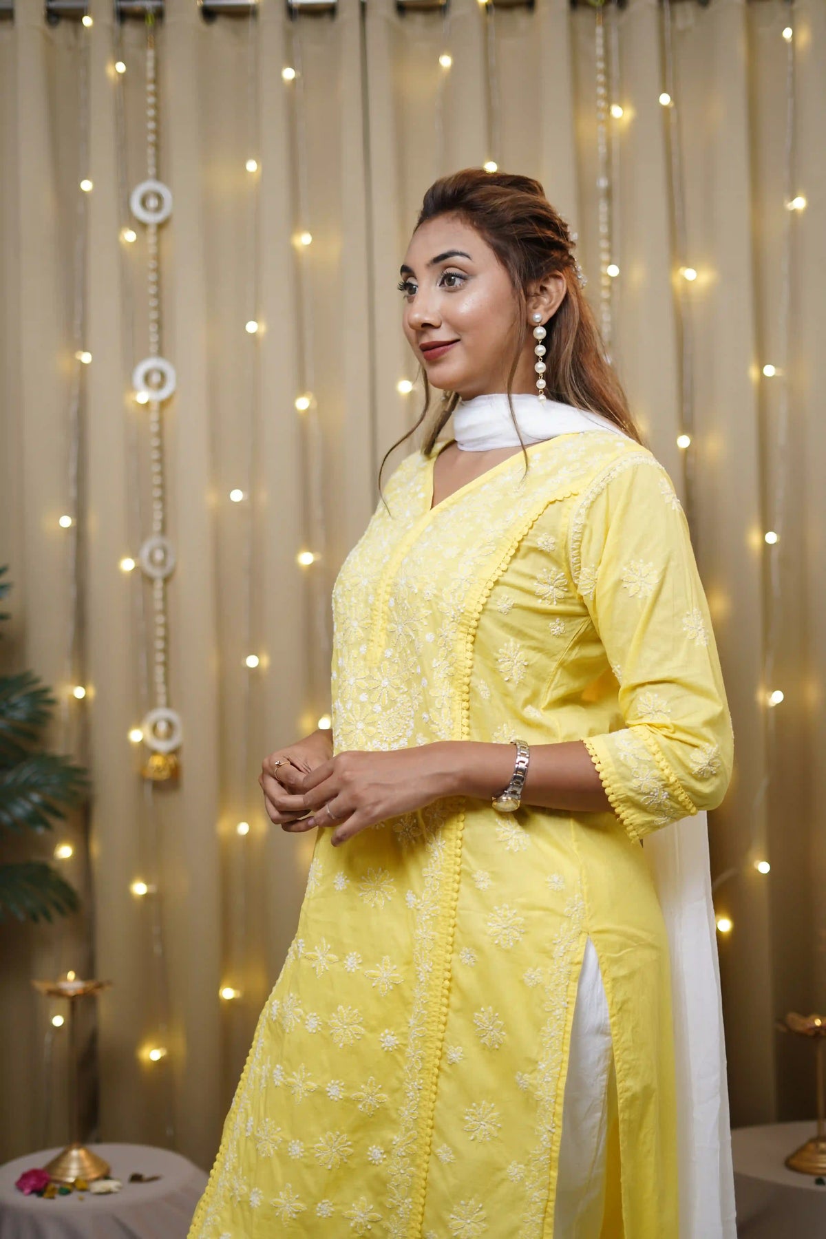 Cotton Yellow Fine Chikankari Kurti