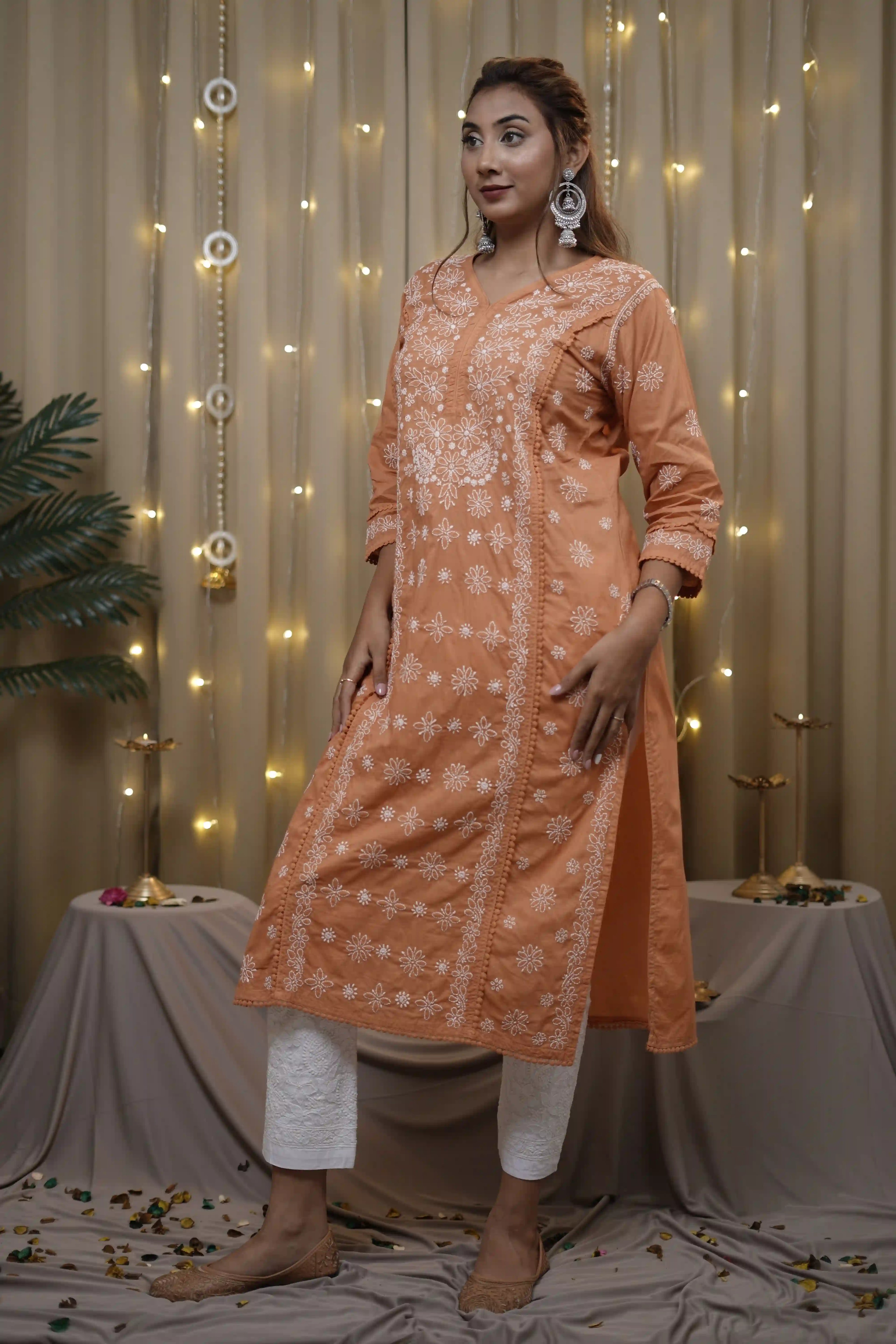 Cotton Brick Fine Chikankari Kurti