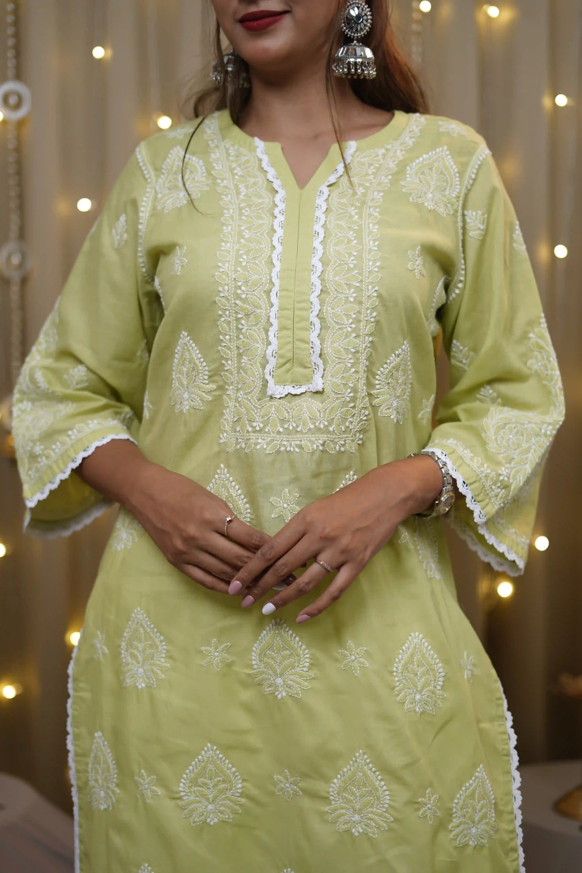 Cotton Green Fine Chikankari Kurti