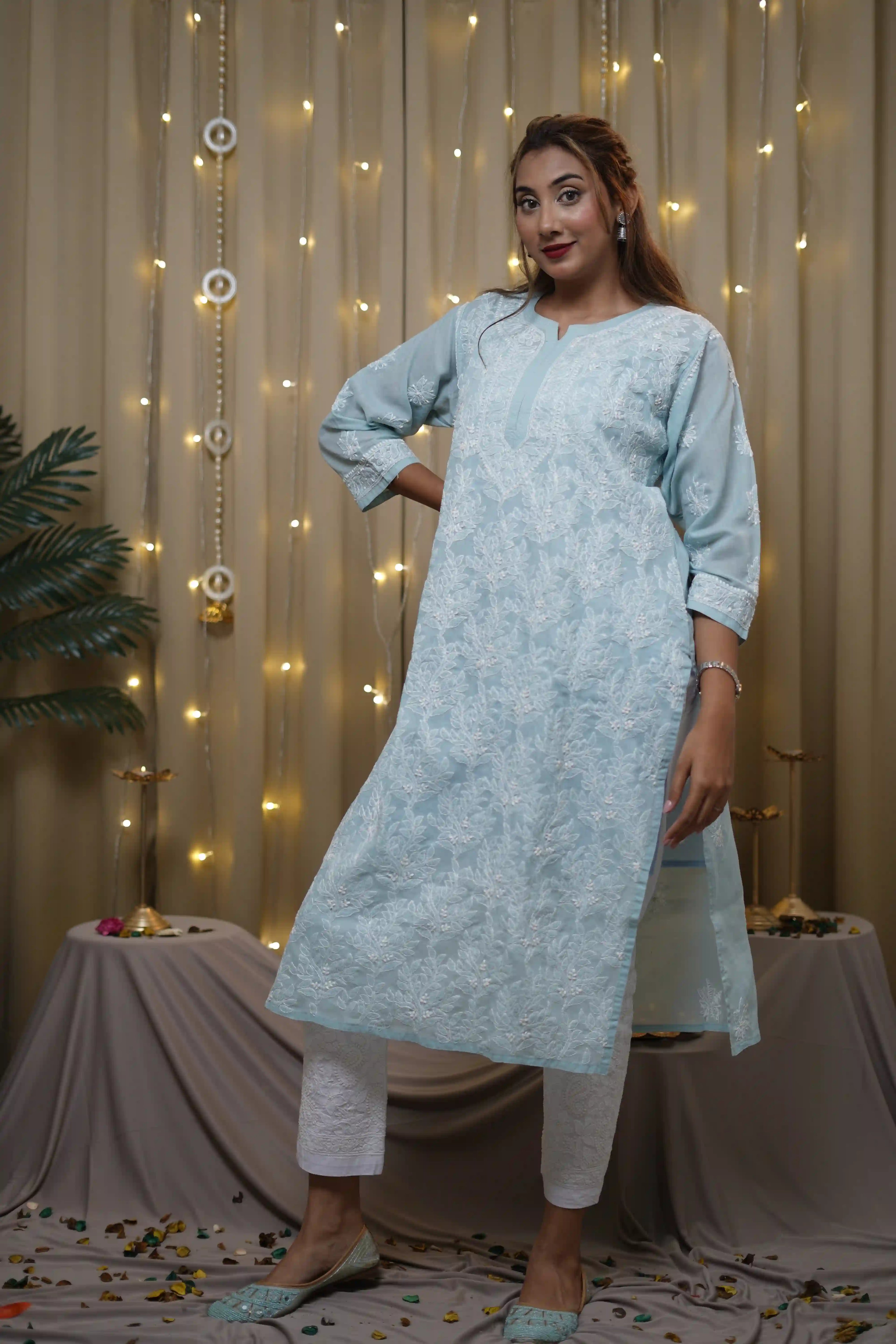 Voile Sky Blue Fine Chikankari Kurti