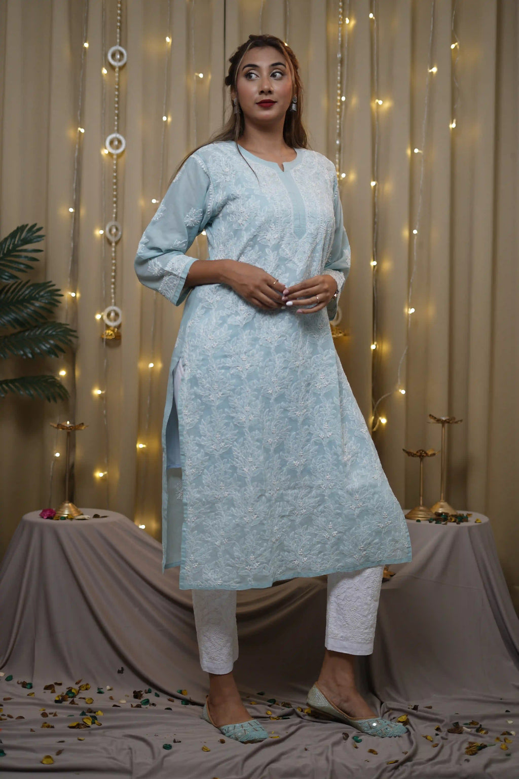 Voile Sky Blue Fine Chikankari Kurti