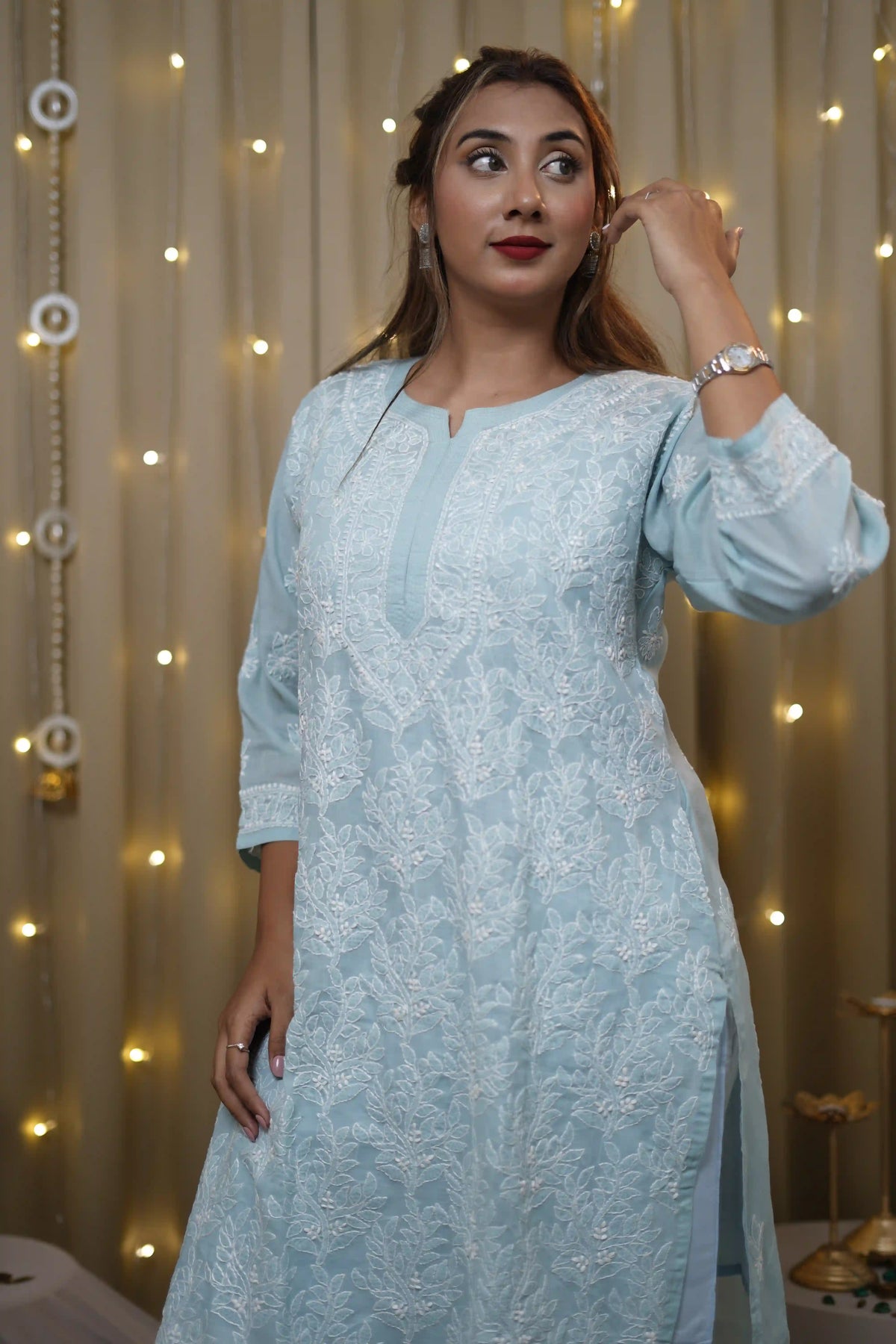 Voile Sky Blue Fine Chikankari Kurti