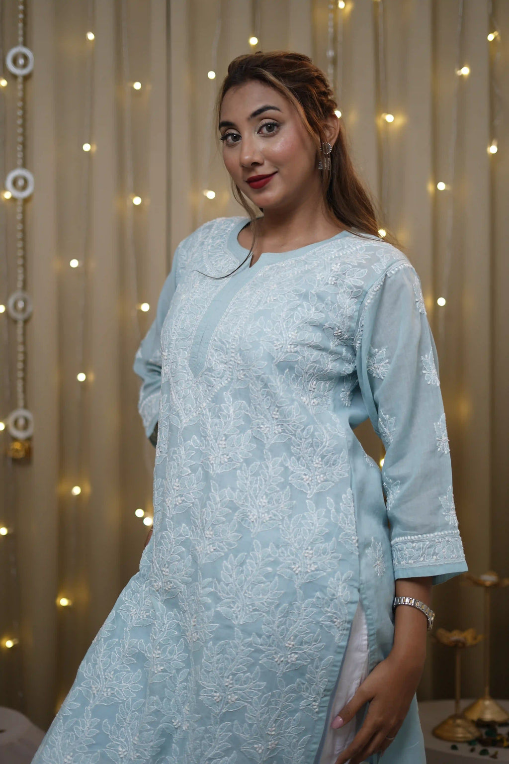 Voile Sky Blue Fine Chikankari Kurti