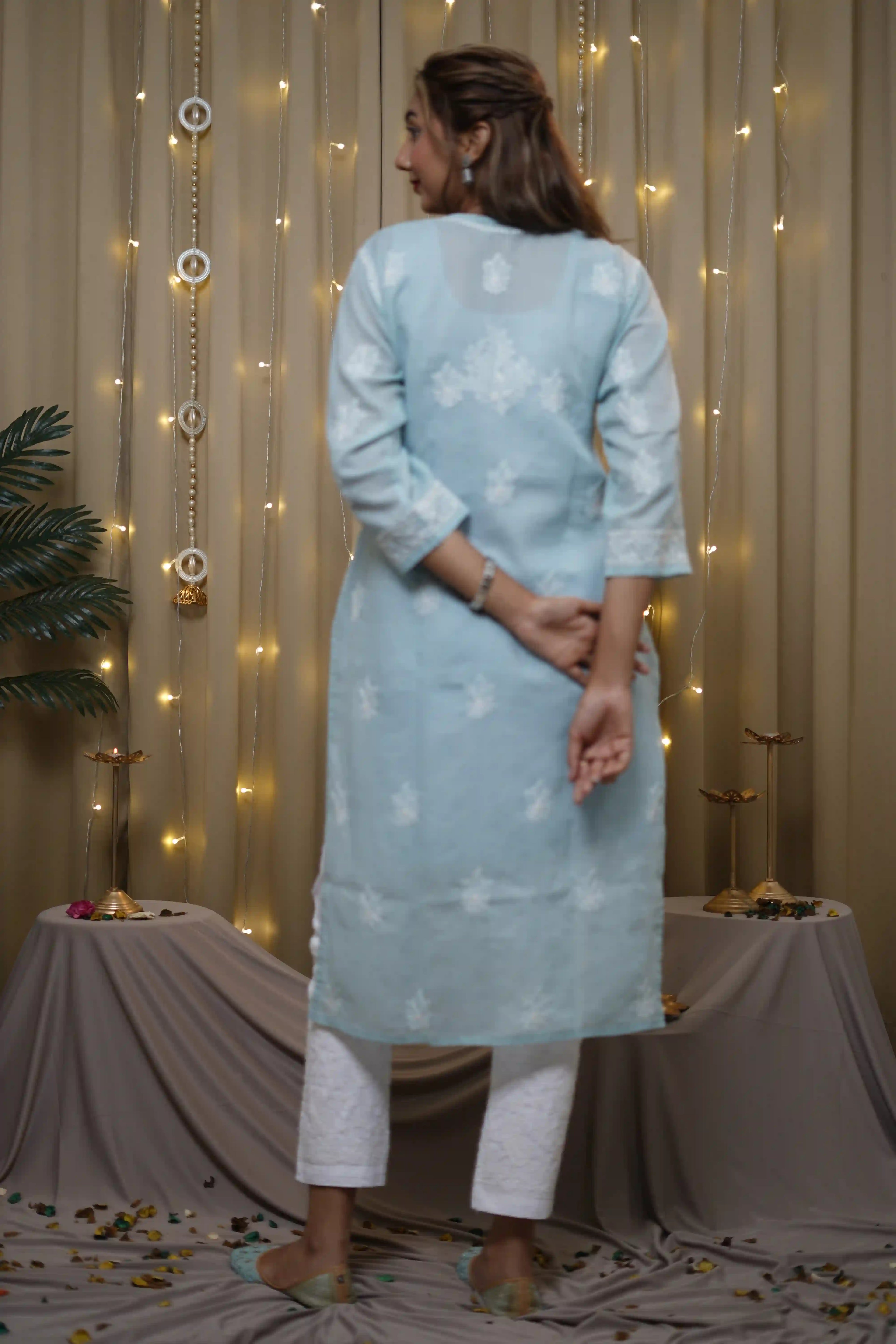 Voile Sky Blue Fine Chikankari Kurti