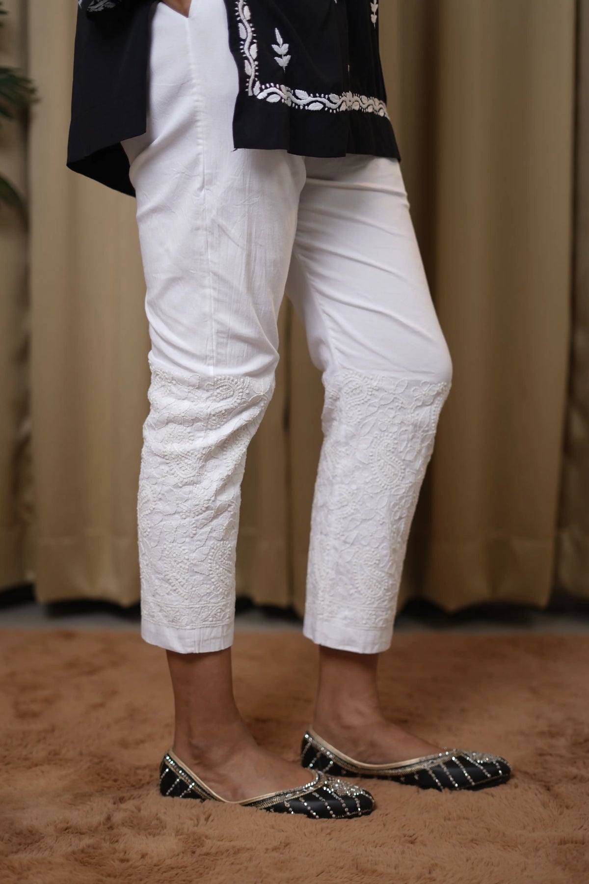 Pure Cotton Fully Stretchable Pants with Intricate Jaal Work