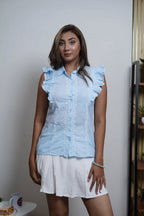 Cotton Blue Sleeveless Shirt with Frill Pattern