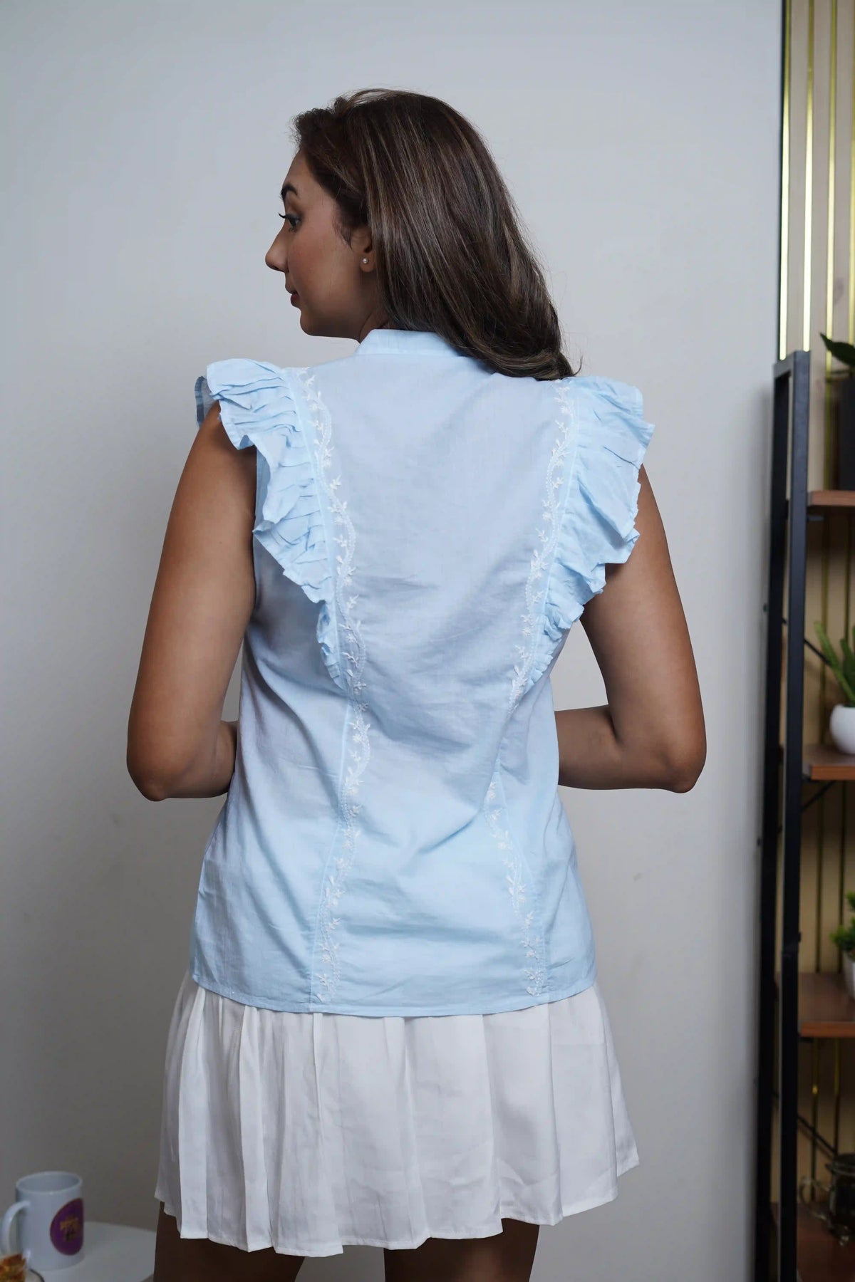 Cotton Blue Sleeveless Shirt with Frill Pattern