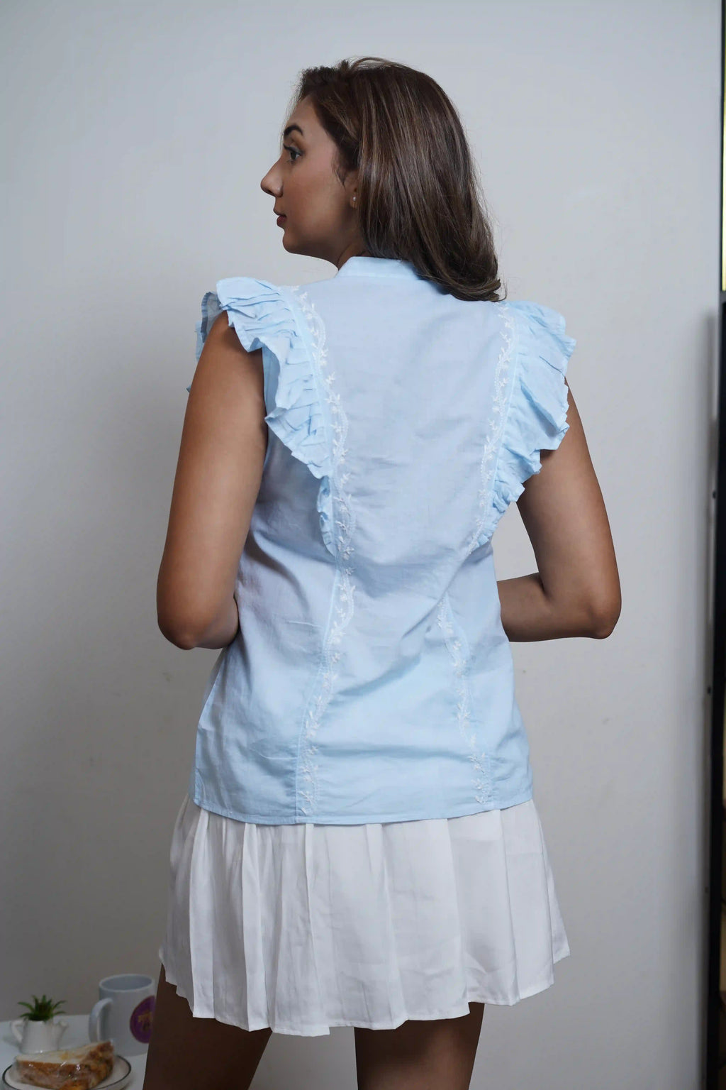 Cotton Blue Sleeveless Shirt with Frill Pattern
