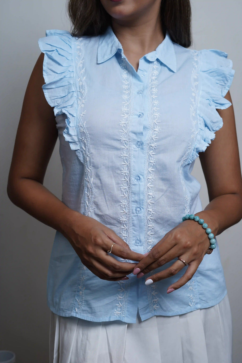 Cotton Blue Sleeveless Shirt with Frill Pattern