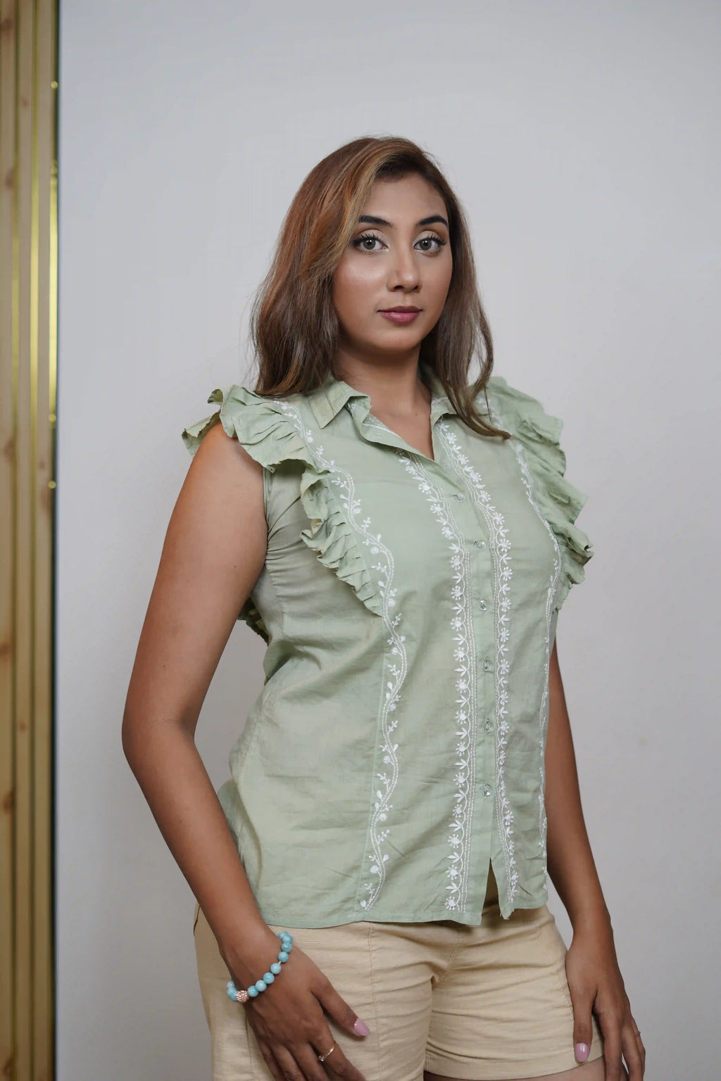 Cotton Green Sleeveless Shirt with Frill Pattern