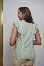 Cotton Green Sleeveless Shirt with Frill Pattern
