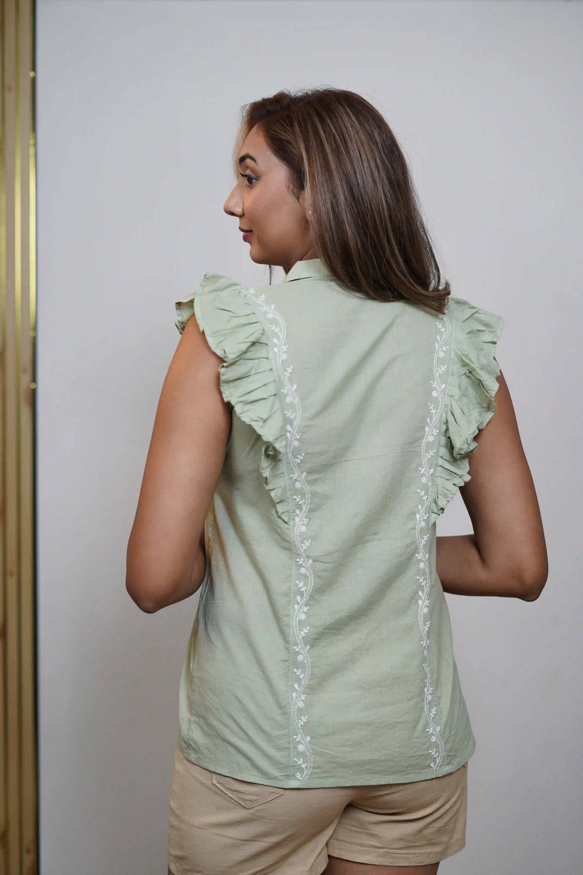 Cotton Green Sleeveless Shirt with Frill Pattern