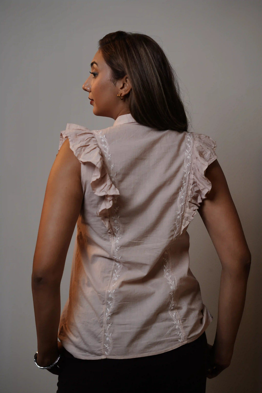 Cotton Beige Sleeveless Shirt with Frill Pattern