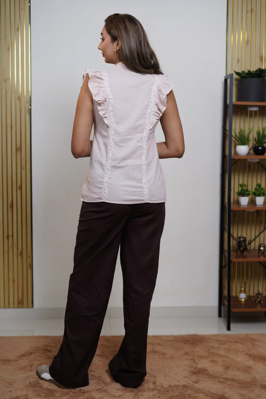 Cotton Beige Sleeveless Shirt with Frill Pattern