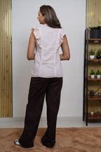 Cotton Beige Sleeveless Shirt with Frill Pattern