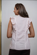 Cotton Beige Sleeveless Shirt with Frill Pattern