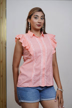Cotton Peach Sleeveless Shirt with Frill Pattern