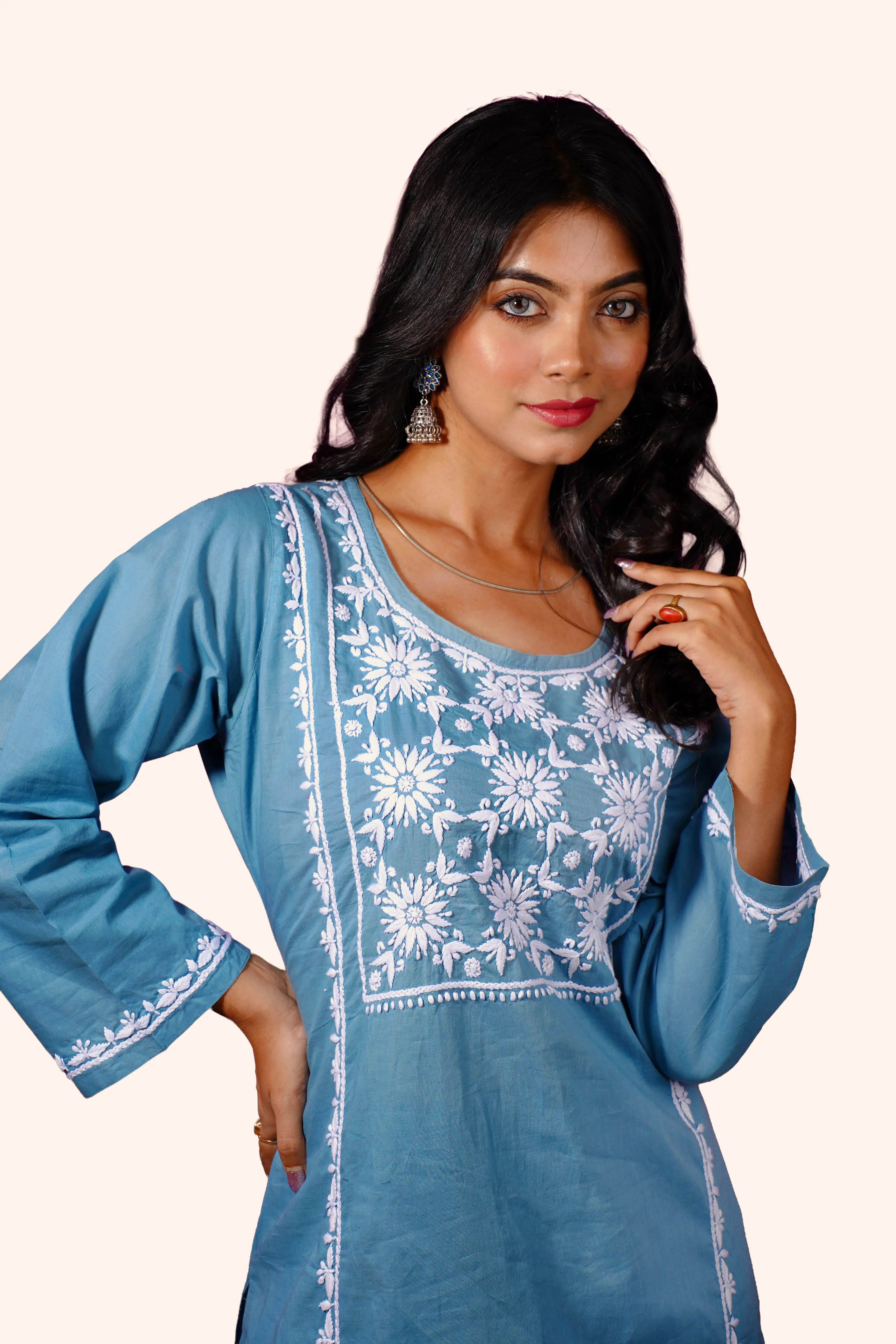Dusty Teal Pure Cotton Hand-Embroidered Chikankari Set