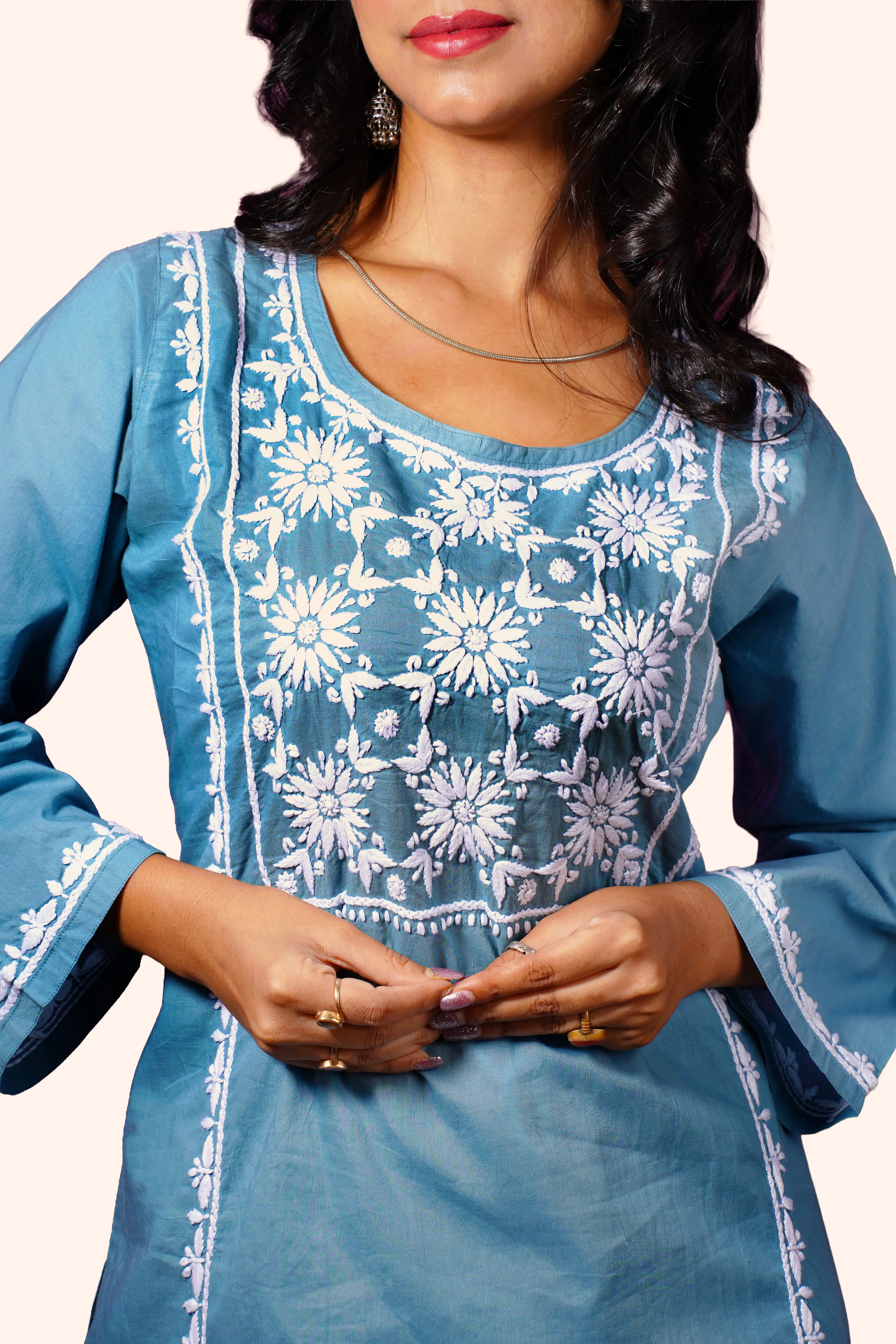 Dusty Teal Pure Cotton Hand-Embroidered Chikankari Set